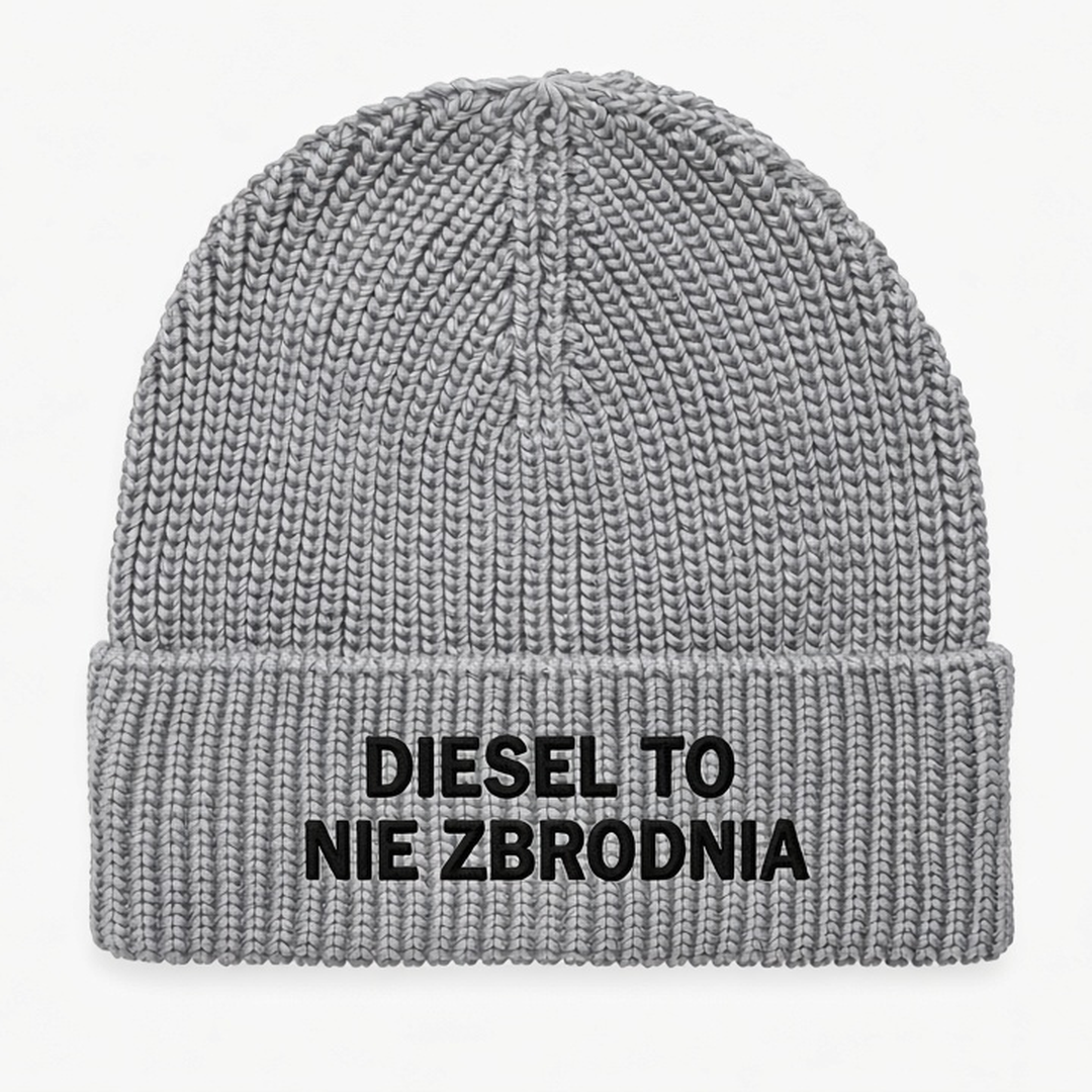 Czapka zimowa z haftem DIESEL TO NIE ZBRODNIA – szara