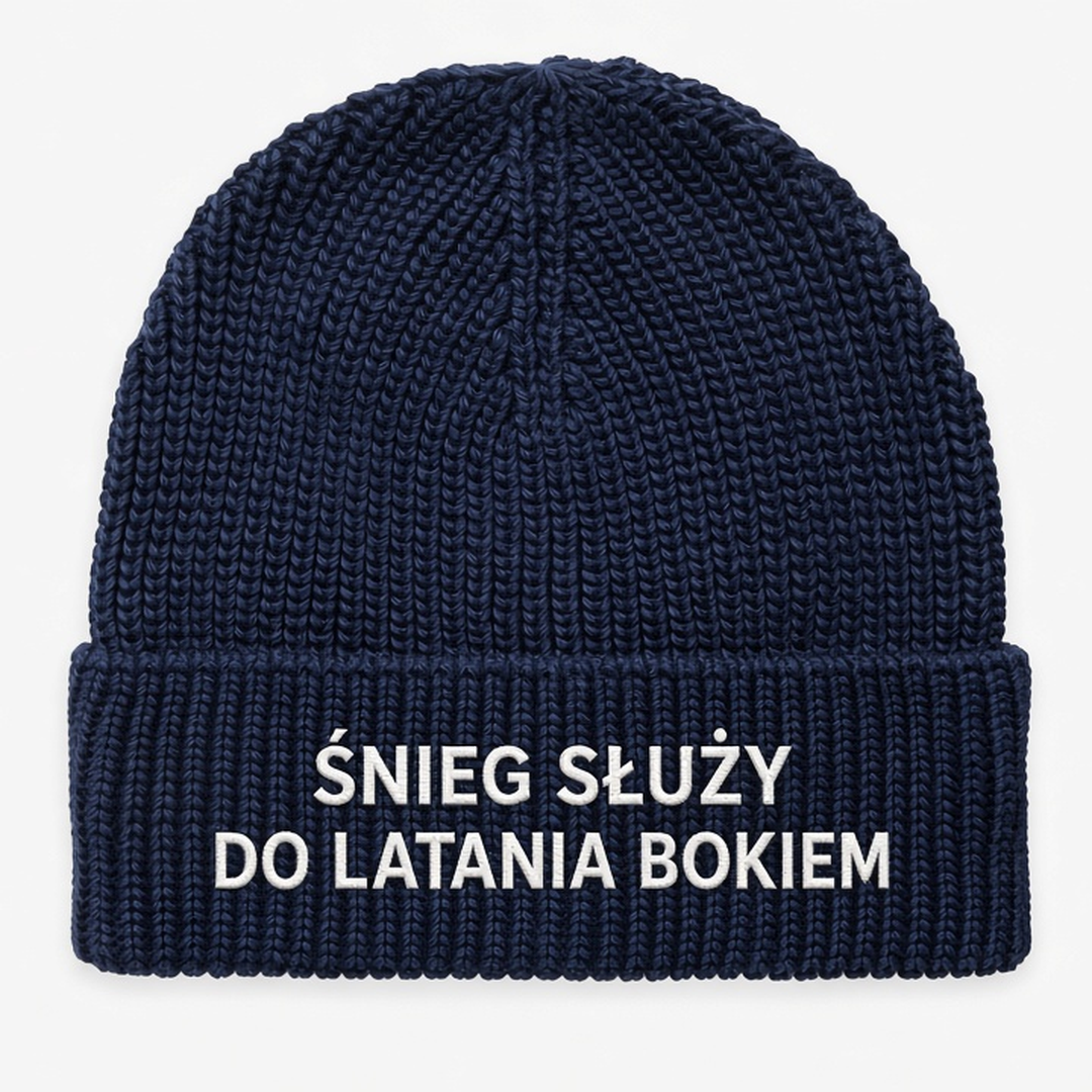 Czapka zimowa z haftem ŚNIEG SŁUŻY DO LATANIA BOKIEM – granatowa