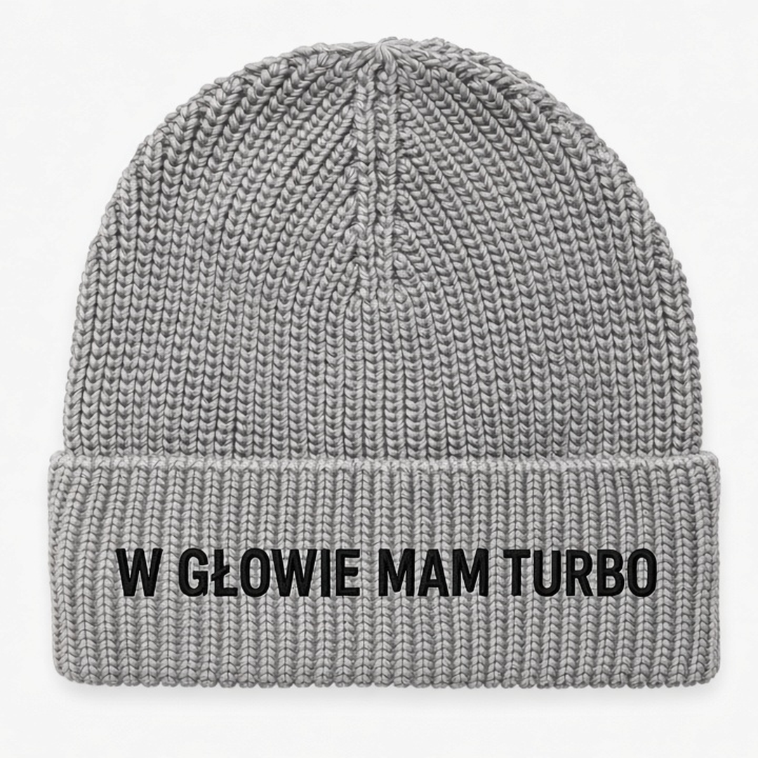 Czapka zimowa z haftem W GŁOWIE MAM TURBO – szara